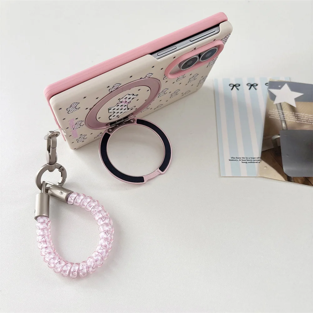 Phone Case For Samsung Galaxy Z Fold 8 Cute Puppy Dog Print 360 Rotatable Magnetic Ring Holder Shockproof Hard PC Cover Girls
