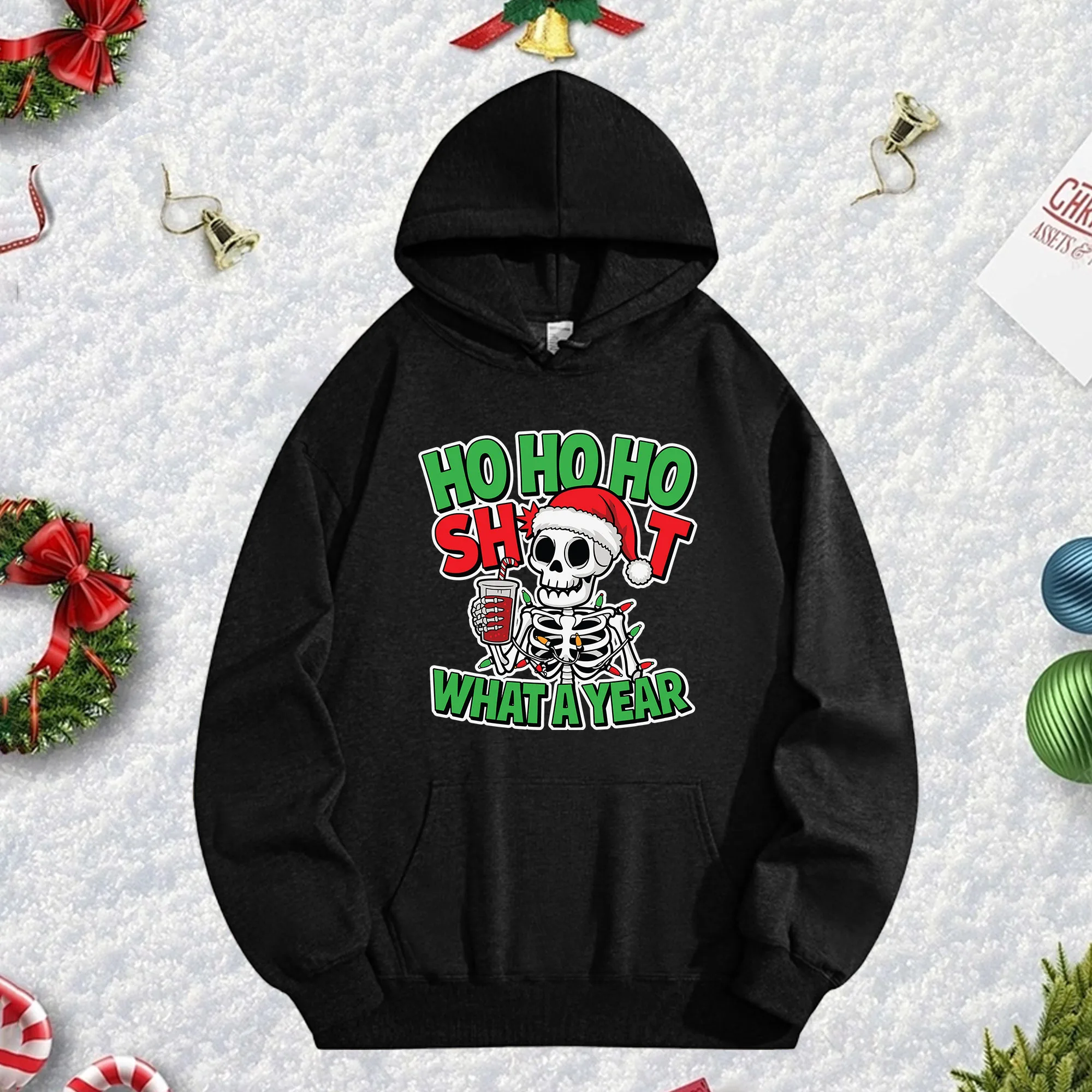 

Черная толстовка унисекс с рождественским черепом 270 г, уютный флисовый пуловер для зимы, рождественского и новогоднего праздничного наряда