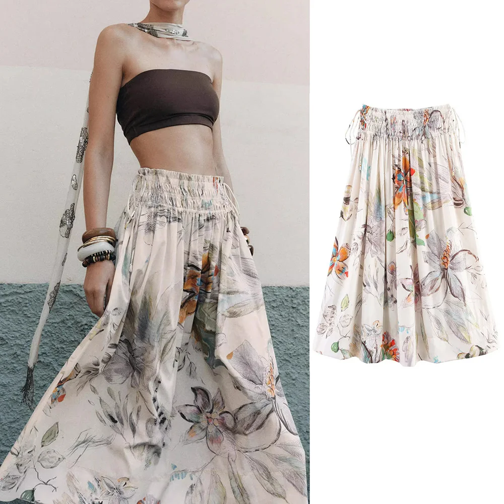 

PRINTKAOIR Printed Drawstring Skirt Women Midi Skirt Woman New Fashion Embellished Long Skirts For Women Evening Party Skirts