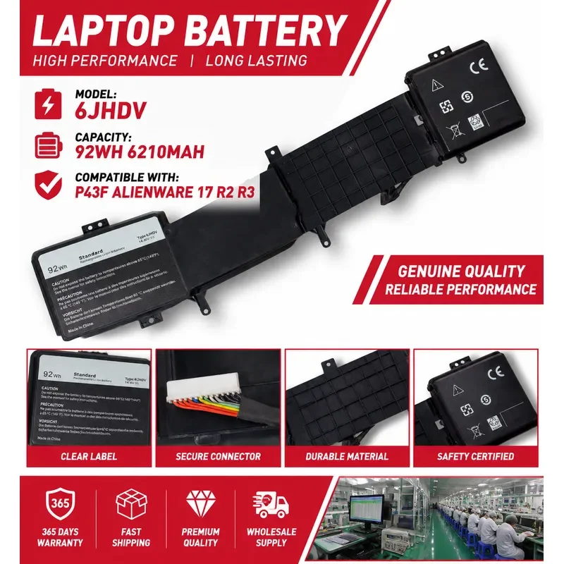 6JHDV Laptop Battery For Dell Alien P43F ALIENWARE 17 R2 R3