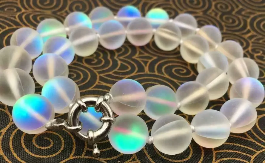 

10mm White Gleamy Rainbow Moonstone Round Gemstones Beads Necklace 18''