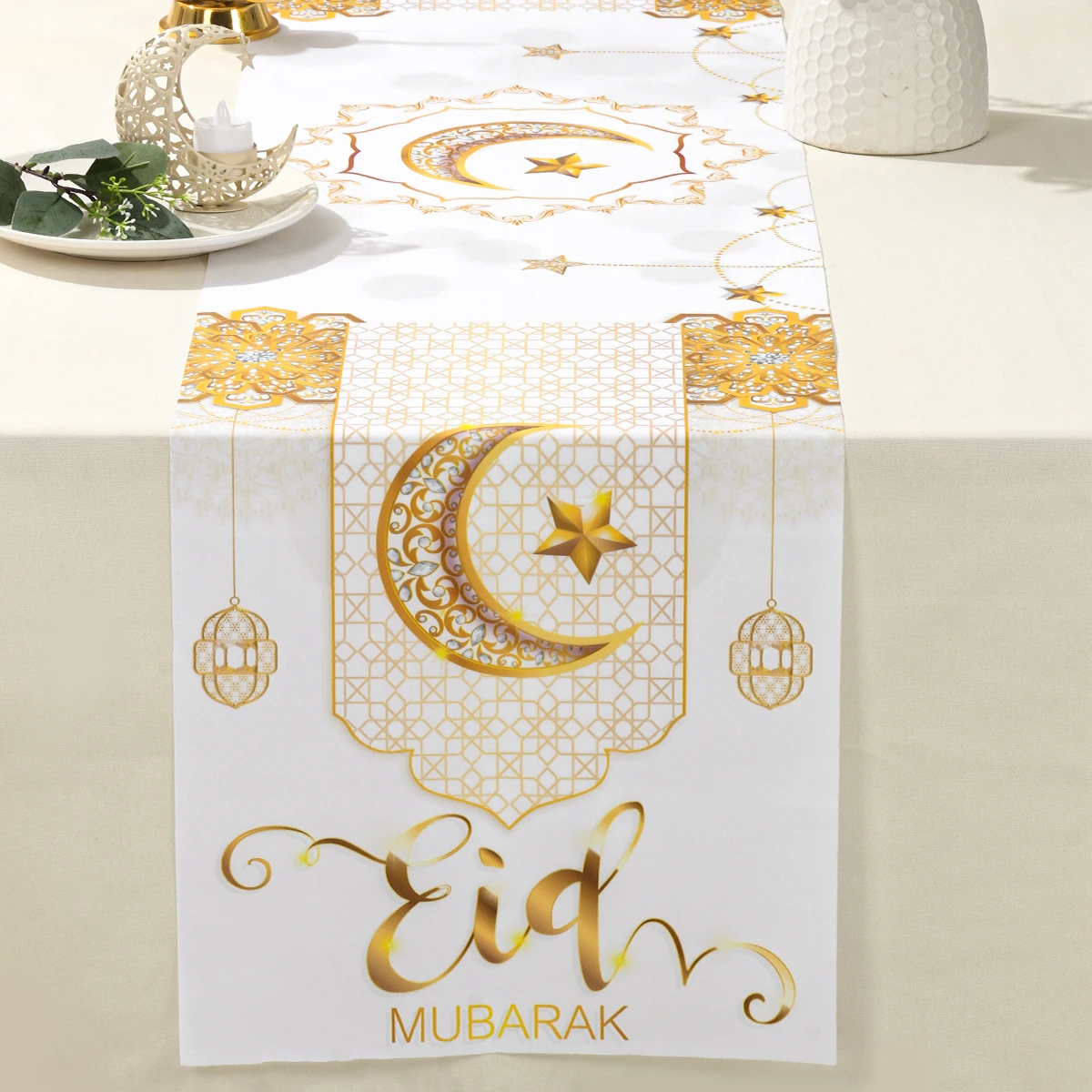 ผ้าปูโต๊ะ Eid Mubarak ตกแต่ง2024เดือนรอมฎอนสำหรับตกแต่งบ้านอิสลามมุสลิมของตกแต่งงานเลี้ยงของขวัญรอมฎอนอุปกรณ์ปาร์ตี้