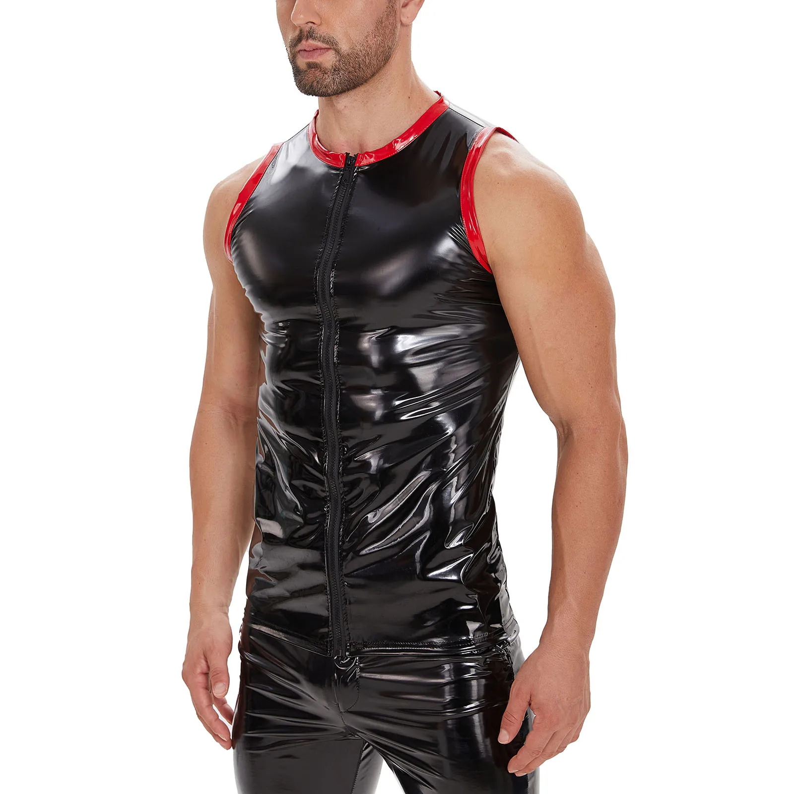 Plus Size Mens Shiny Leather Tank Top Full Zipper Glossy PVC Leather T-Shirts Sleeveless Shaping Wetlook Latex Crew Neck Vest