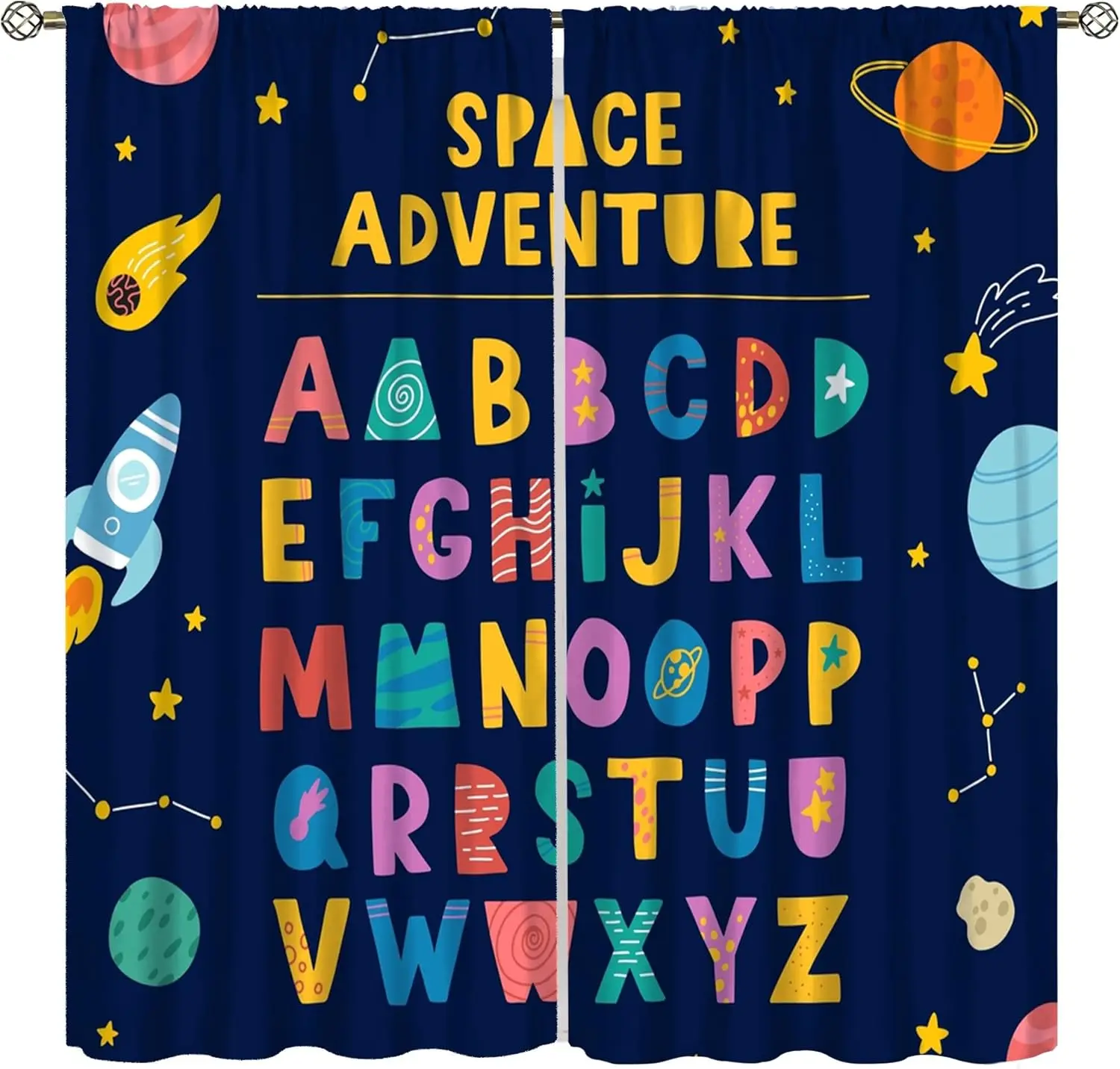 Kid ABC Curtains, Cute Cosmic Starry Sky ABC Alphabet Learning Educational Colorful Pattern Animals Funny Teaching Words Window