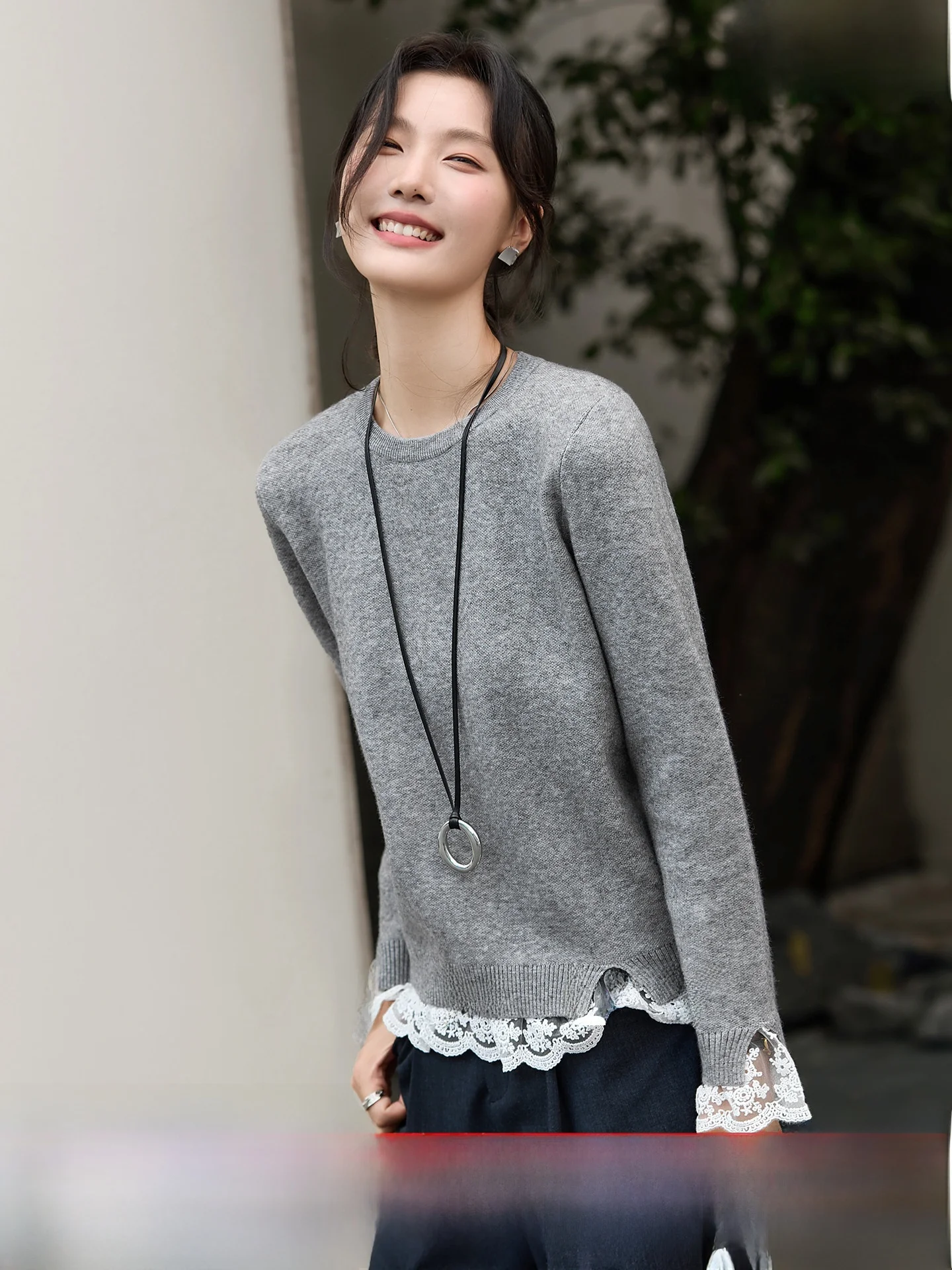 

Women's Long Sve Knitted Sweater round Ne Splicing Lace Inner Wear Top Casual Sle Autumn Winter New Faion Soft Nylon