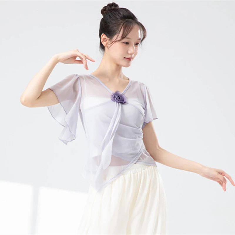 Top da Danza Classica per Donna, Abbigliamento da Allenamento, Maglietta in Tulle con Maniche Corte a Volant, Decorazione Floreale, Costume da Palcoscenico Fluido, Camicetta Estiva