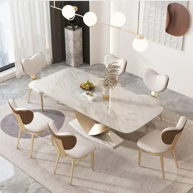 

Italian Stone Plate Dining Tables Chairs Set Modern Simple Rectangular Small Apartment Home Mild Luxury Kitchen Marble Furniture