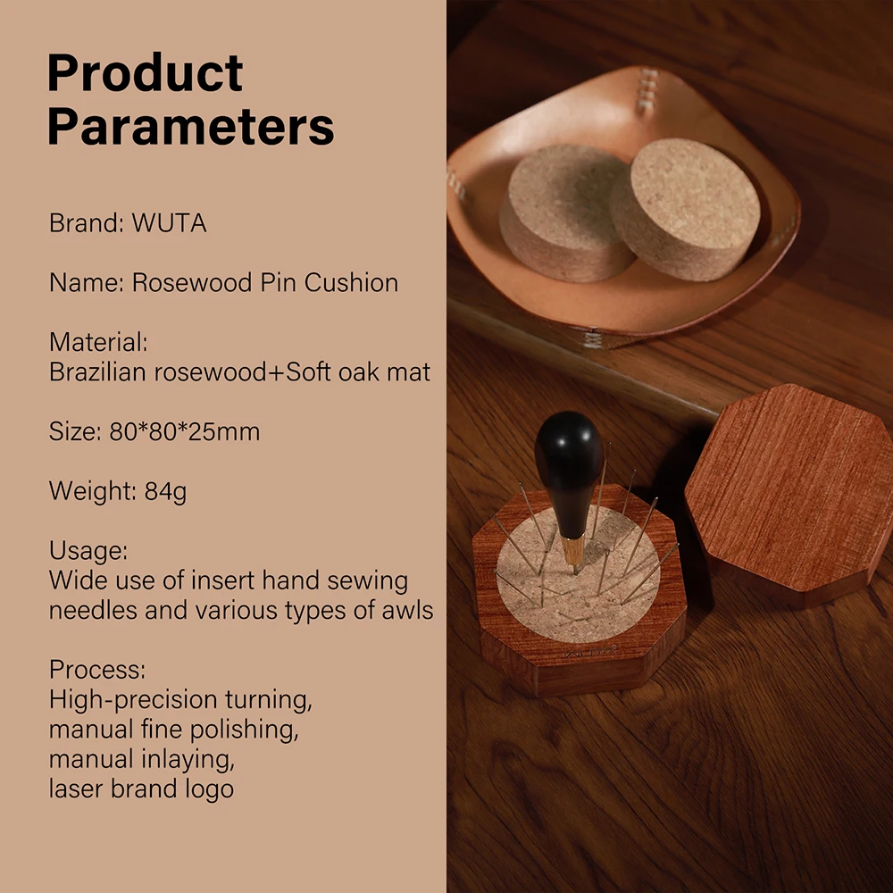 WUTA Wood Cork Pin Cushion Octagon Rosewood Base Needle Pincushion Pin Holder for Sewing Quilting Stitch Needlework Storage Tool