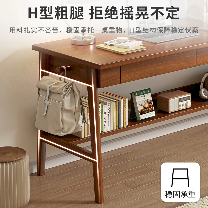 Long desk, office, double desk, computer desk, solid wood leg, narrow desk against wall