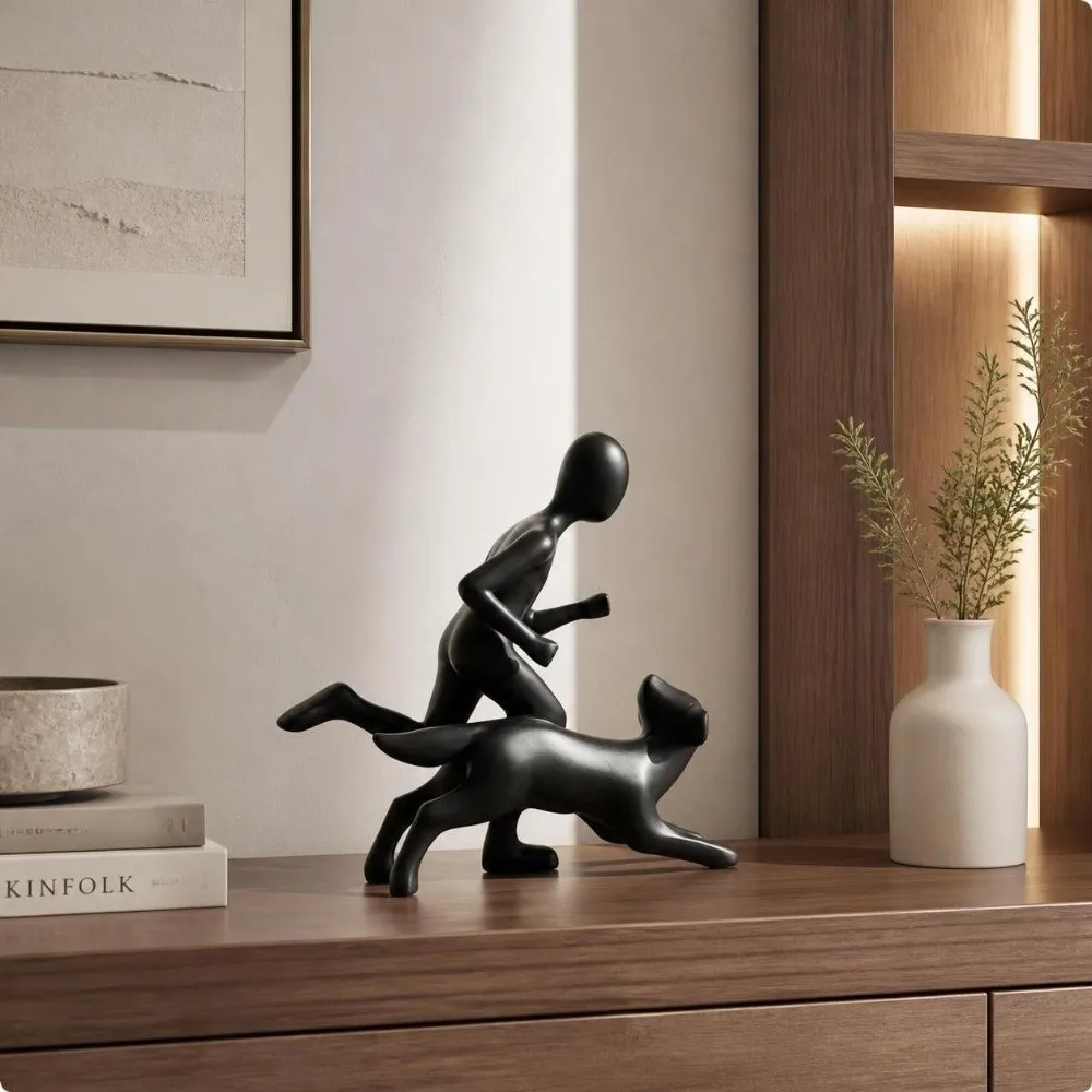 Mantel Decor Minimalist Running Man and Dog Statue Cute Puppy Funny Abstract Sculpture Resin Dog Owner Statue Thanksgiving Gift