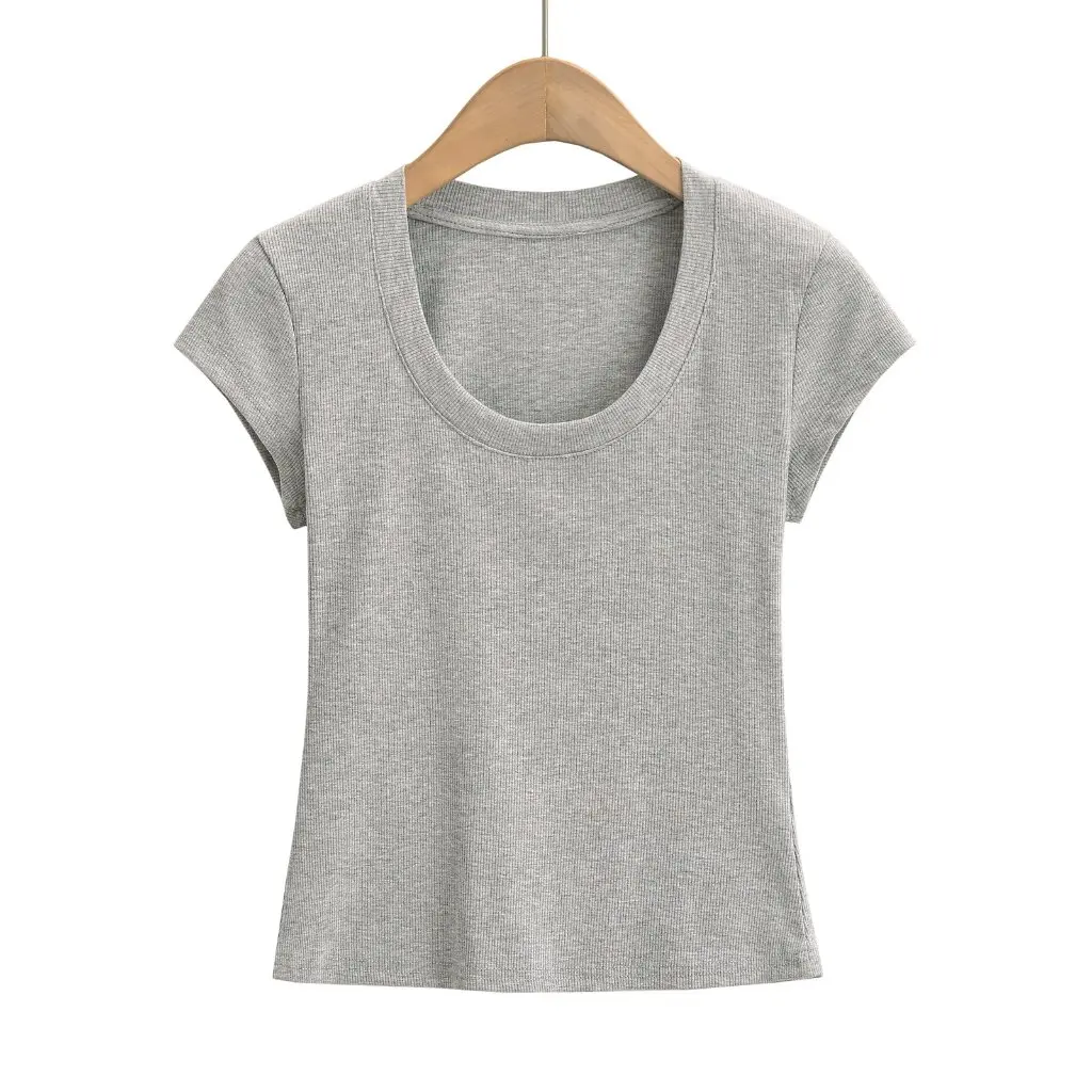 

Женская однотонная футболка с U-образным вырезом и короткими рукавами, облегающий низ, топ на лето, модная мода для девочек в американском стиле