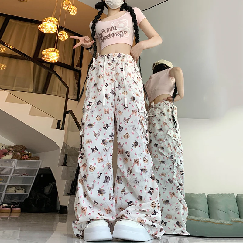 American Vintage Elastic Waist Drawstring Cargo Pants Women Summer New Graffiti Cute Multi-pocket Versatile Pants Female