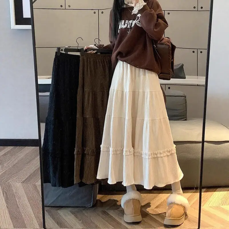 

Girl Tiered Skirt Long Style Skirt Autumn Winter Corduroy Lace Mid Length Skirt Female High Waist Loose A-Line Skirt Wholesale