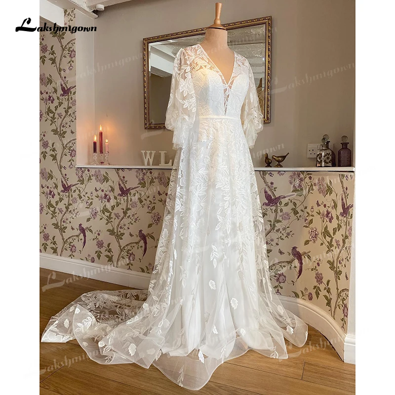 Boho a-line vestidos de casamento sexy decote em v meia lanterna manga voltar ilusão cinto de renda vestidos de noiva tule varrer robe novia