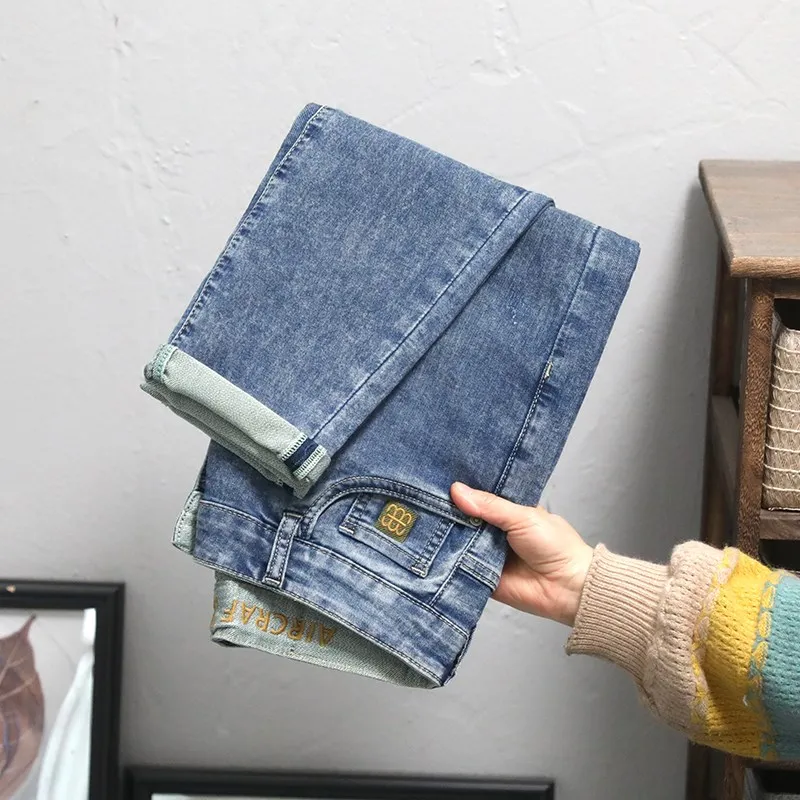 

Spring Summer Thin Casual Denim Jeans Men's Washed Cotton Elastic Loose Boys Slim Fit Pants Breathable Sweat Absorbent