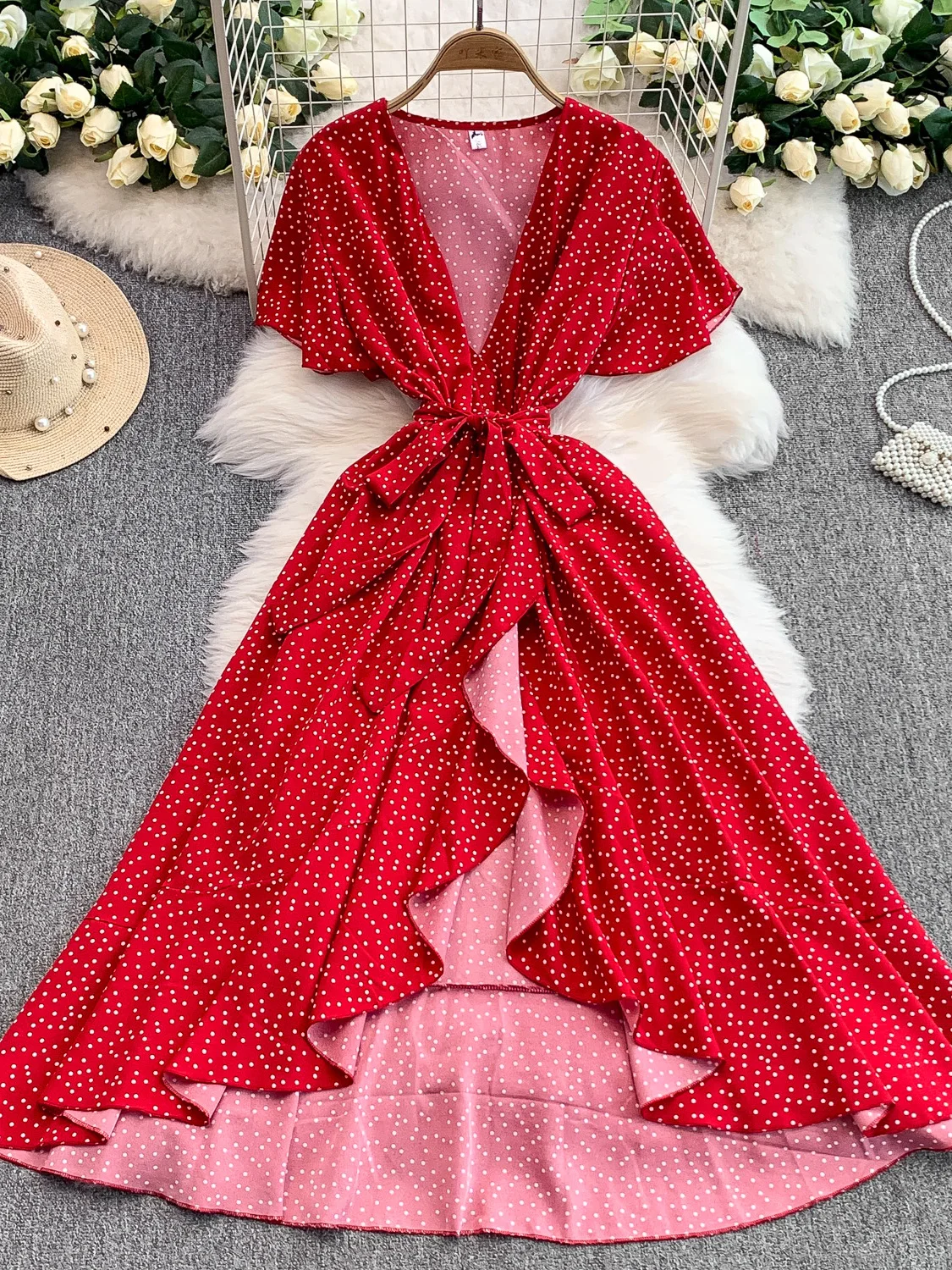 Zomer Polka Dot V-ne ort Sve vrouwen Dr Belted Taille Afslanken Asymmetrische Zoom Maxi Rok Koreaanse Sle Pendelen