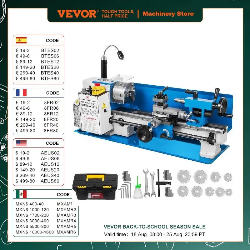 

VEVOR Metal Lathe 7x14 / 7x12 inch Precision Bench Top 550W Variable Speed 50-2500 / 0- 2250 RPM Nylon Gear with A Movable Lamp