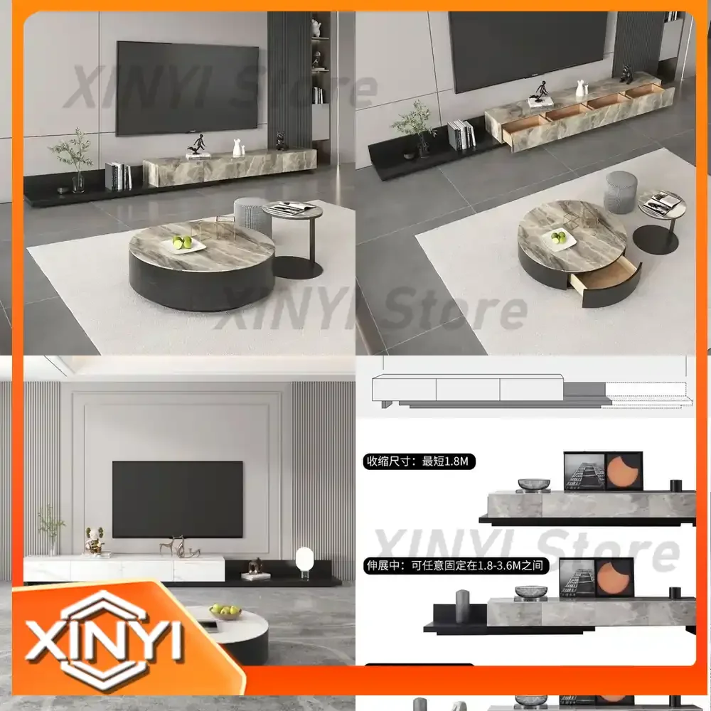 Extendable Round Dekton Coffee Table for Modern Minimalist Living Room TV Stand with Storage