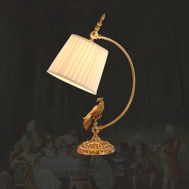 

French Full Brass Luxury Model Room Table Lamp Vintage Fabric Lamp Shade Living Room Bedroom Study Desktop Decorative Lamp