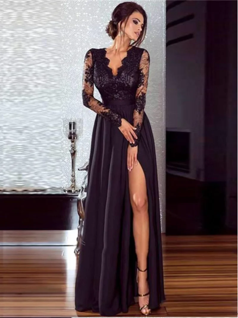 

Mother of the Bride Dress Sexy Side Split Black Lace Evening robe soirée femme Satin Floor Length Party Gowns vestidos de noche