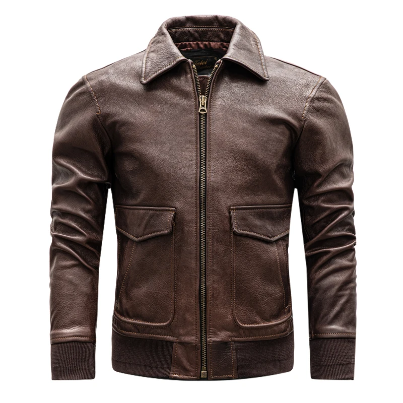 Brown Autumn Leather Jacket Men Military Style Plus Size 5XL Genuine Natural Cowhide G1 Flight Leather Coat