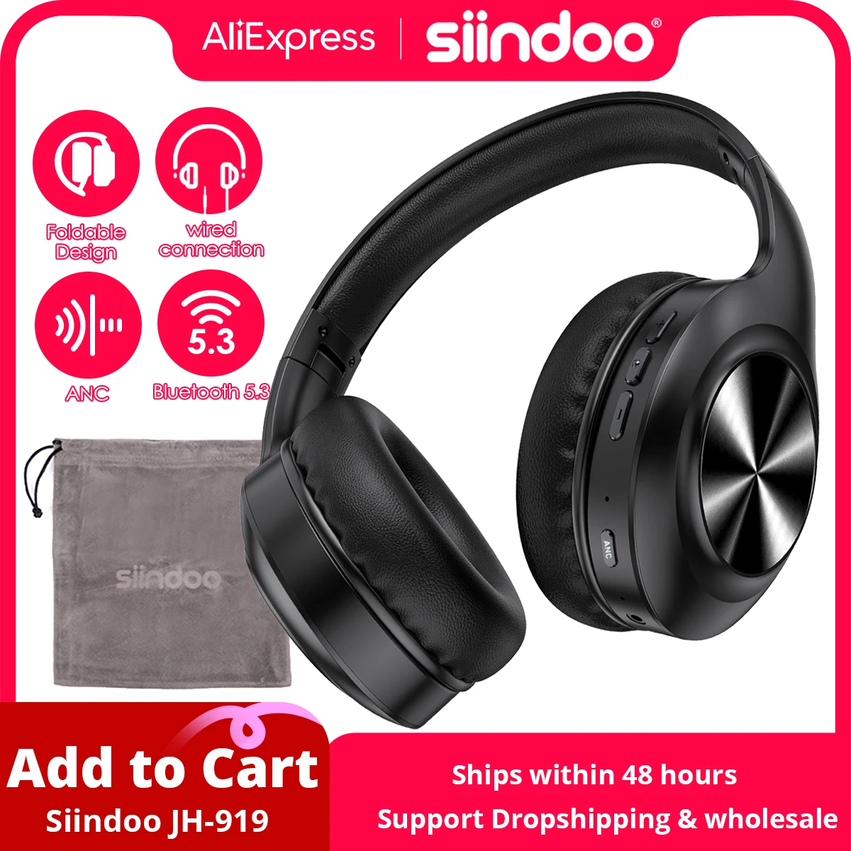 Siindoo JH-ANC923 Active Noise Cancelling Wireless Headset Foldable Over-Ear Bluetooth Headphones With Mic HiFi Stereo Deep Bass