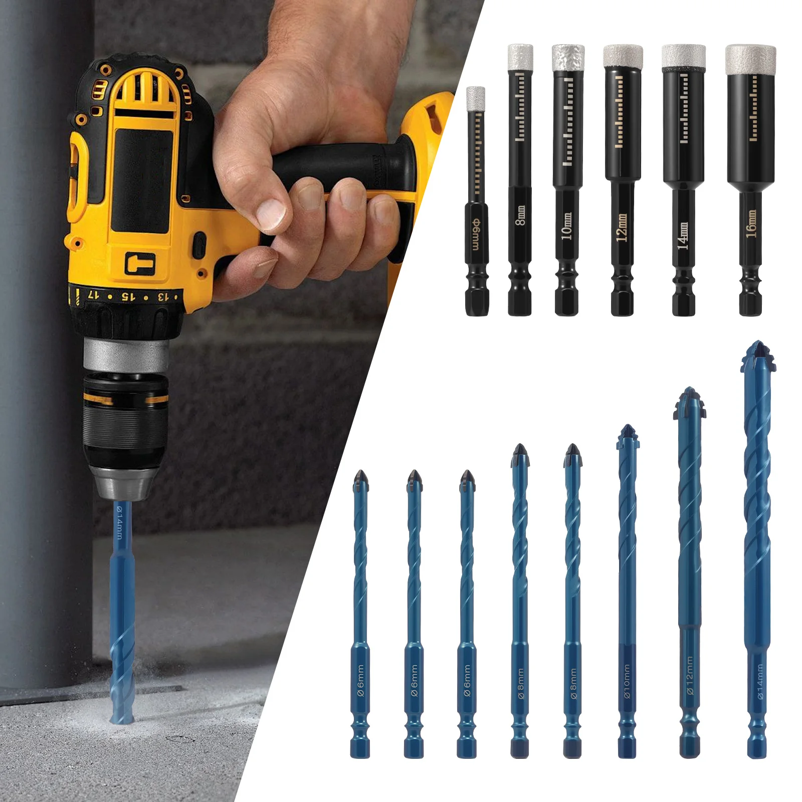 

Diamond Drill Bit Set with Serrated Masonry Drill Bit Set 1/4 Inch Hex Shank Diamond Hole Saw 6/8/10/12/14/16mm for Ceramic Tile