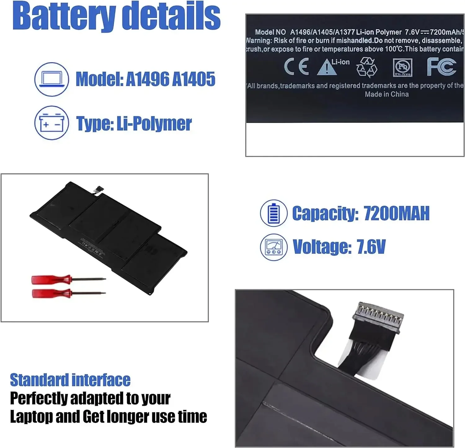 A1466 Battery for MacBook Air 13 inch (A1466 2012-2015 and 2017) (A1369 2010-2011) - A1377 A1405 A1496 MacBook Air