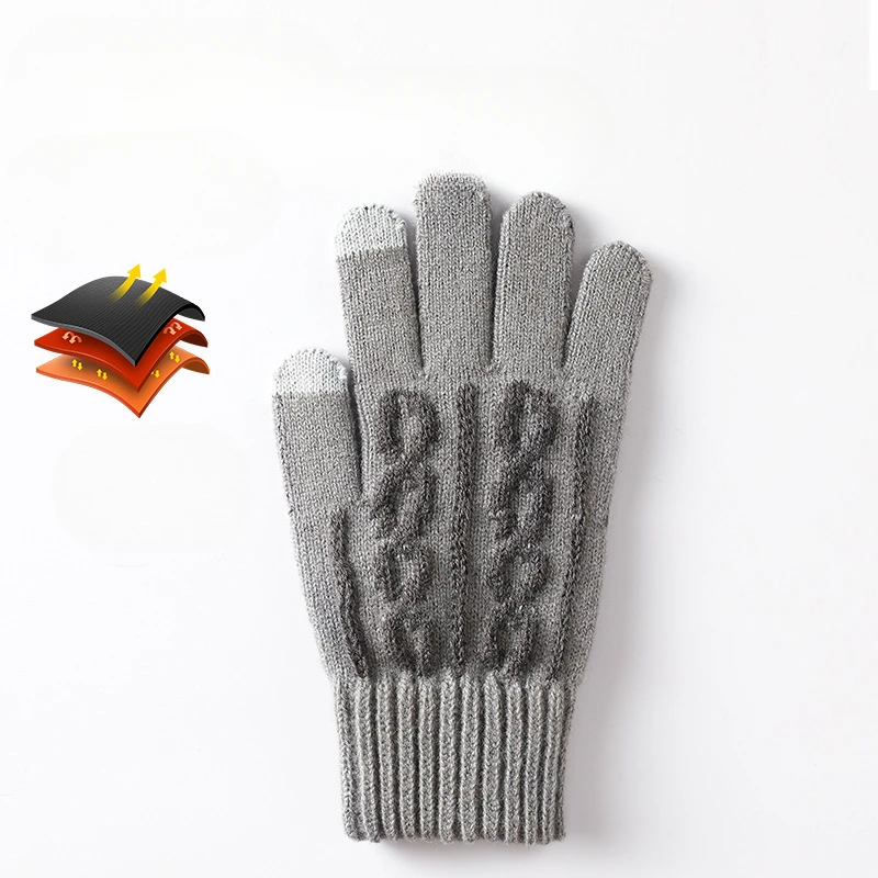 A Pair of Jacquard Split Finger Yarn and Thick Velvet Warm Touch Screen Gloves