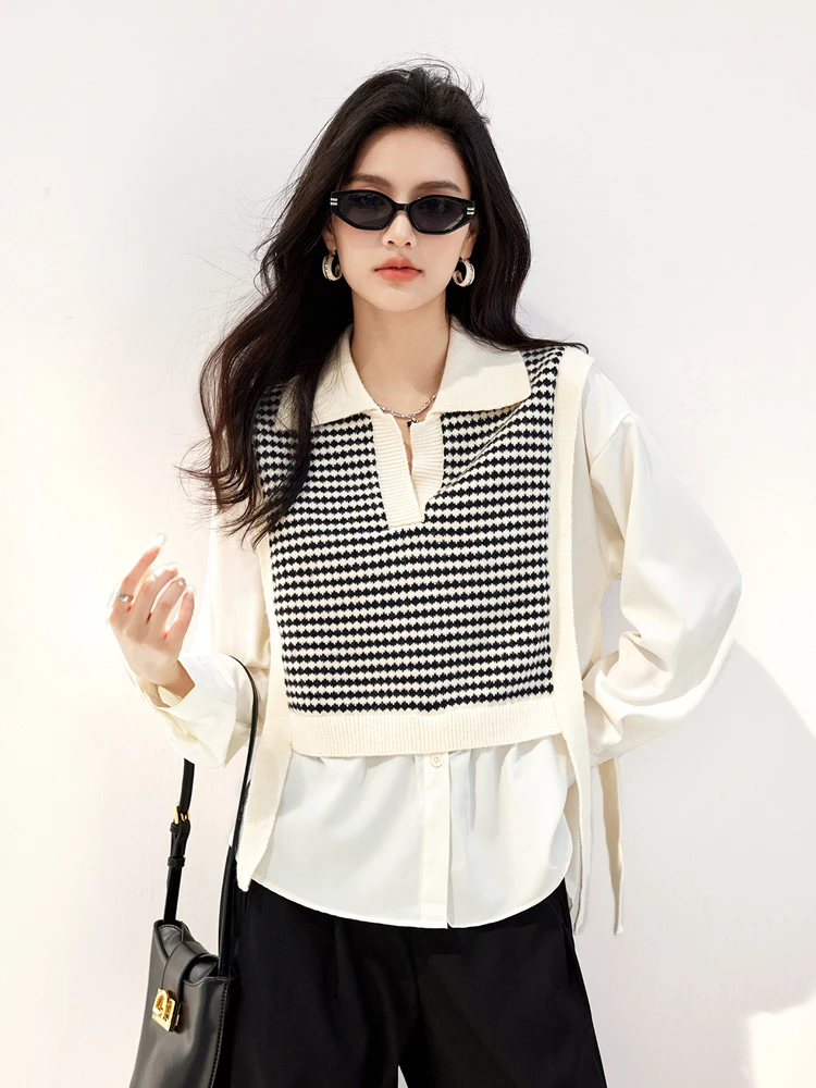 Fashion Fake Two-piece Knitted Vest Stitching Shirt Women Autumn New Turn-down Collar Long Sleeve Tops Sweater