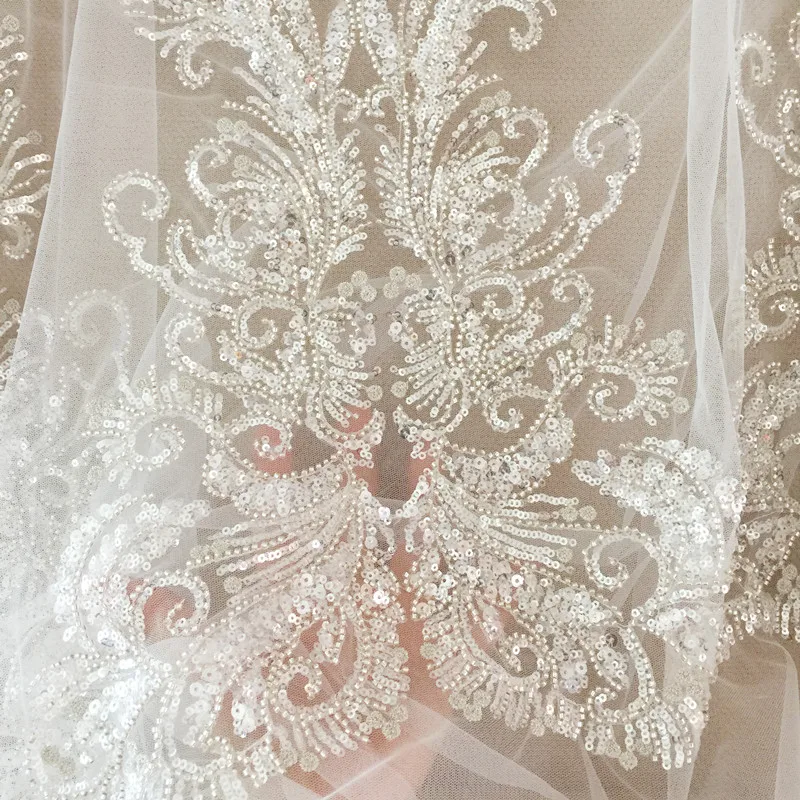 Embroidered Lace Fabric for Wedding Dress, 3D Beaded Embroidery, Large Flower Applique, Patch Accessories