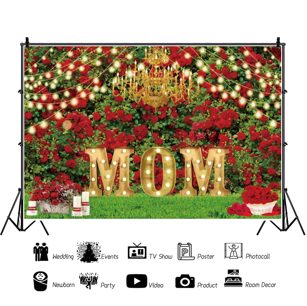 Red Rose ดอกไม้สีเขียวทุ่งหญ้าแม่วันเกิดการถ่ายภาพพื้นหลัง Happy Mother 'S Day ฉากหลังรูปภาพไวนิลโปสเตอร์ Photocall