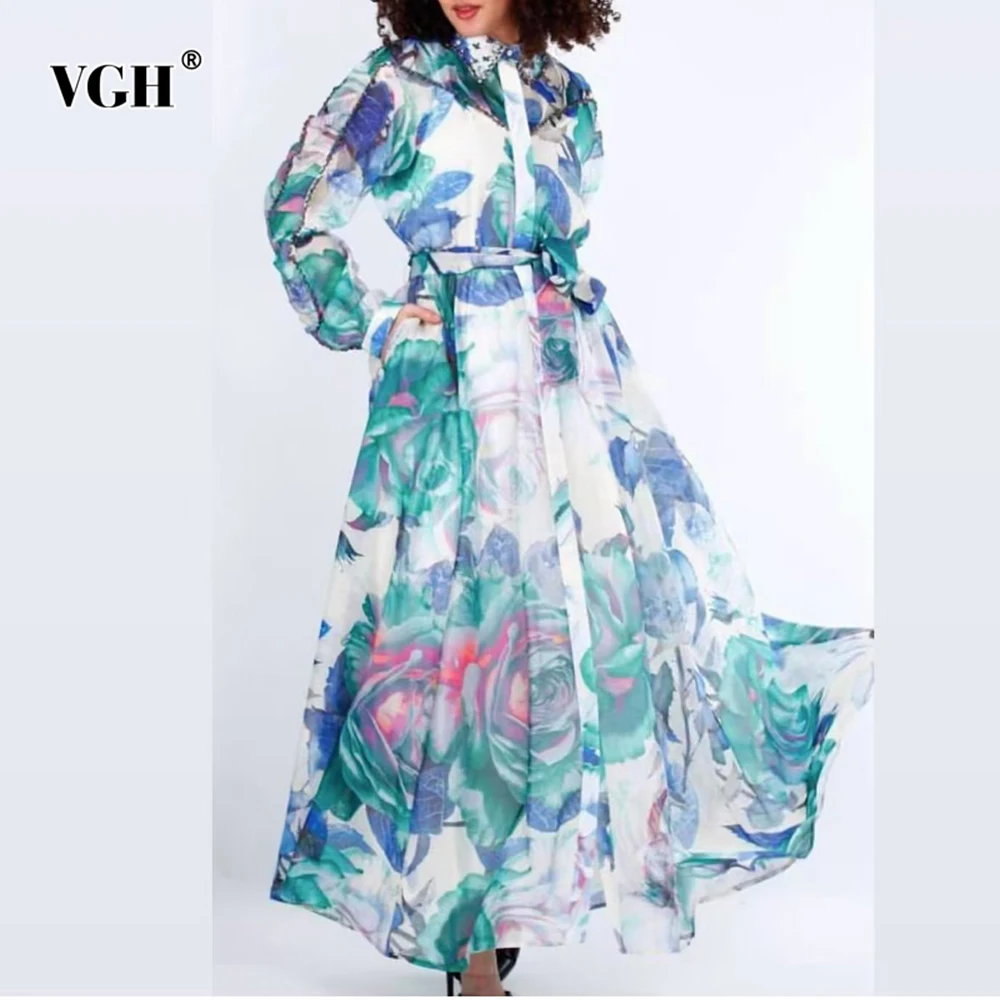 

VGH Vintage Printing Slimming Dresses For Women Lapel Long Sleeve High Waist Spliced Lace Up Designer Dress Female Fashion New