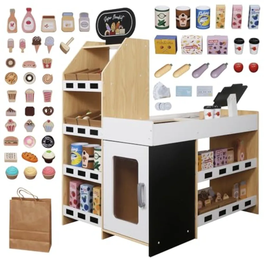 Kinder-Lebensmittelgeschäft-Spielset, Spielgeschäft für Spielzeug und Supermarkt-Einkaufswagen aus Holz mit Spielzeug-Registrierkasse, Spielgeld, Blackboa