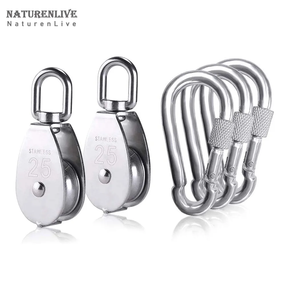2 M25 single pulley with 3 spring buckles, heavy duty 304 stainless steel pulley roller, pulley crane rotary hook rope