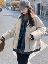 FTLZZ Autumn Winter Women Denim Patchwork Puffer Parka Outwear Casual Loose Lapel Single Breasted Jacket White Duck Down Coat