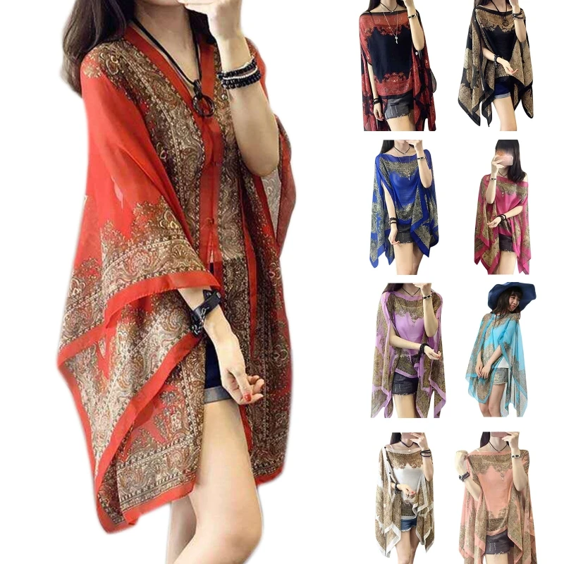 50JB Chiffon Cardigan for Summer Beach Lightweight Wrap Soft Scarves Cute Flower Printed Cardigans for Ladies Girlfriend