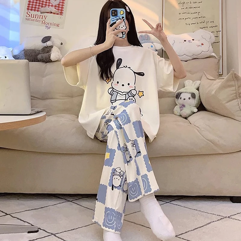 2Pcs/set Sanrio Kawaii Pochacco Kuromi Pajamas Set Cute Cartoon Student Soft Loungewear