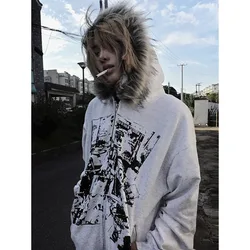 American Vintage Black Faux Fur Sweatshirts Women Letter Printed Subculture Coats with Hooded Female Gothic Harajuku Jackets Y2k