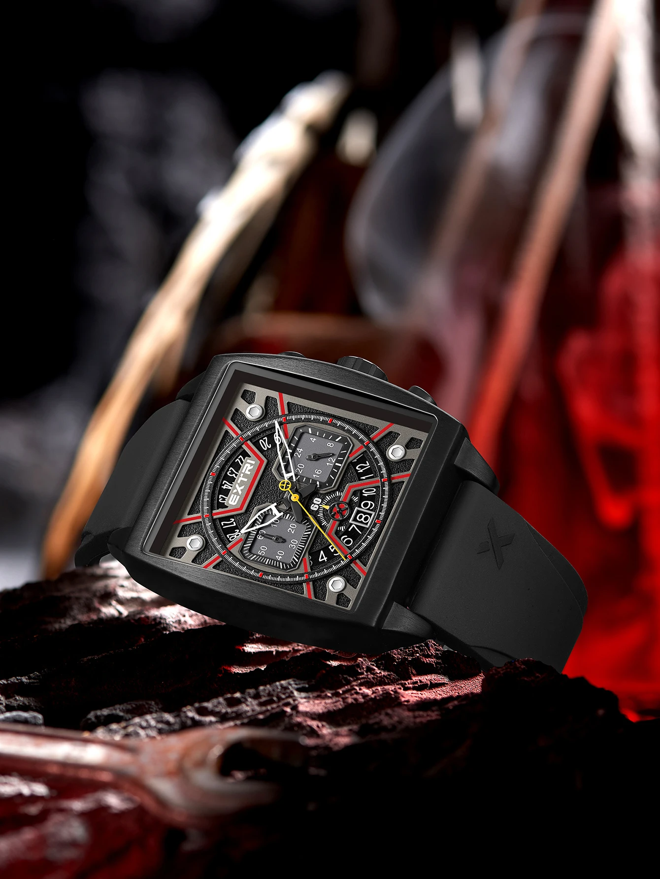 Extri Men Design Prostokątna obudowa Silikonowy pasek Wodoodporne sportowe zegarki kwarcowe Chronograf Funkcjonalny zegarek z kolorowym pudełkiem