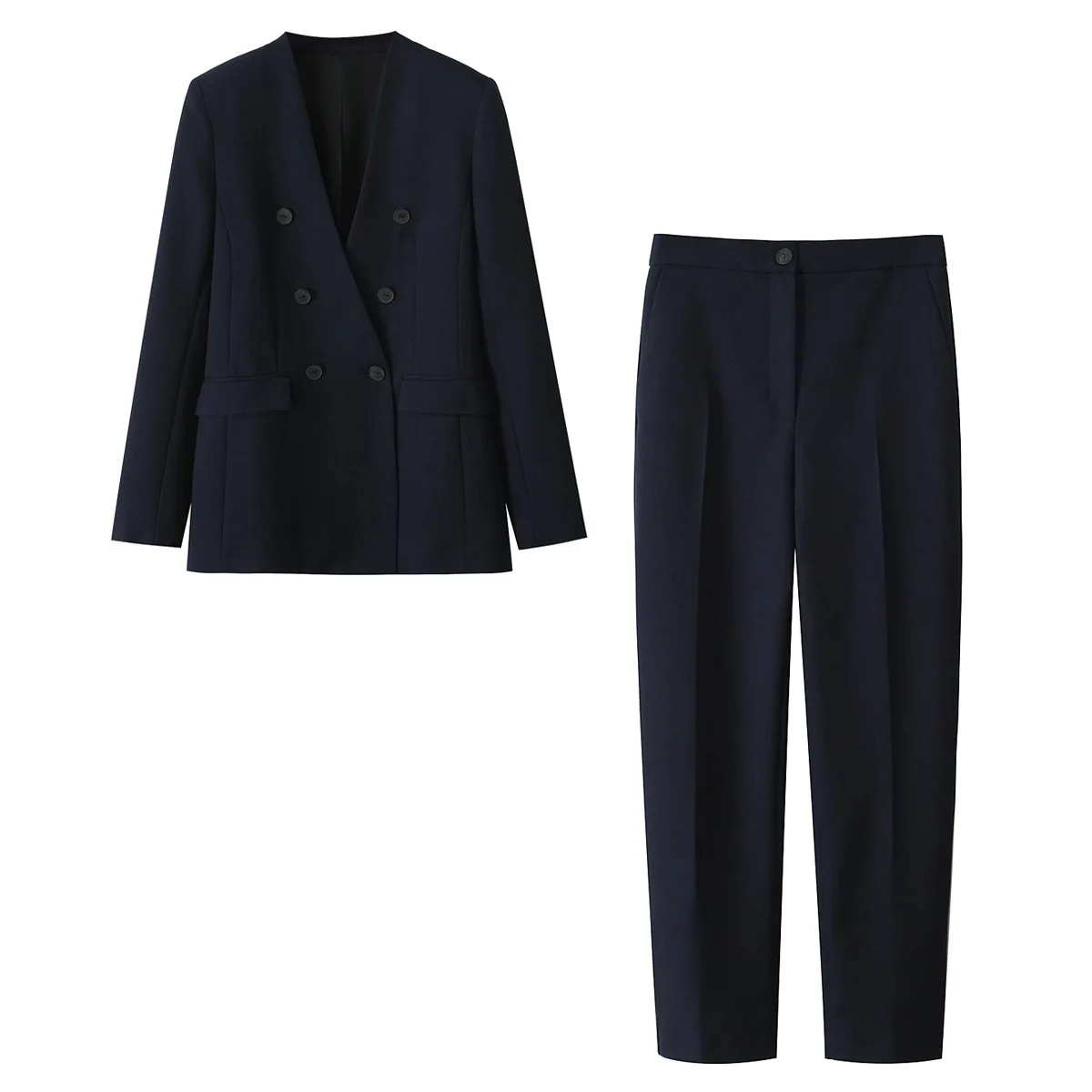 Autumn Elegant Office Lady Two PiecePant Set V-Neck Double Breasted Suit Jacket OR Straight Leg Pants Spring Fall Blazer Set