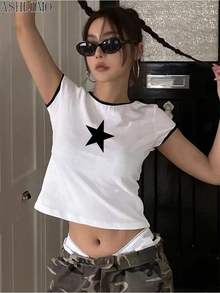 

Crop Top Y2K Tops Retro Stars Prints Women T-shirt Fashion Casual Summer Short Sleeve Short Navel Sexy Clothing