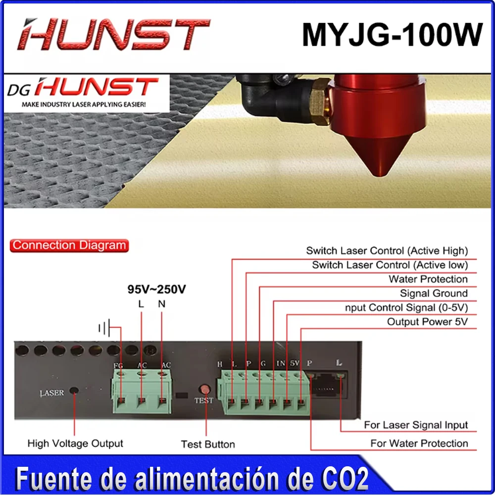 مصدر طاقة ليزر HUNST CO2 MYJG 100W يدعم الجهد 95 ~ 250 فولت ويستخدم لآلات النقش والقطع بالليزر 80-100 وات.