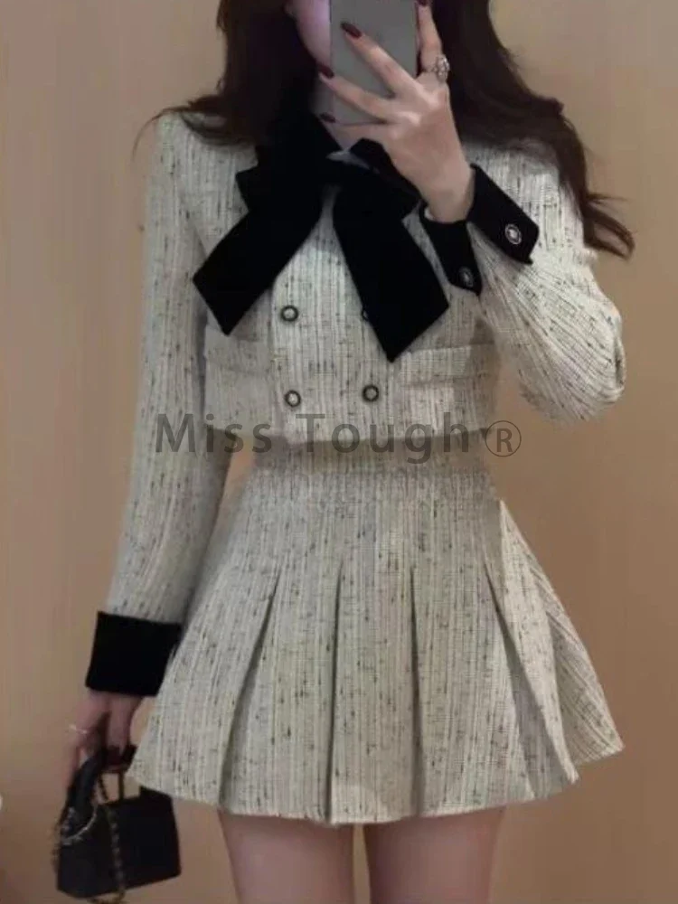 France Winter Elegant Party Two Piece Set Women Bow Short Coat + High Waisted Pleated Skirt Korea Fashion Design Skirt Sets 2024