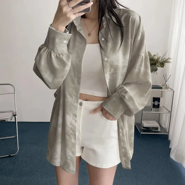 

Весенне-осенняя женская рубашка свободного кроя в корейском стиле с длинными рукавами, повседневная рубашка с принтом, защита от солнца, модный полиэстеровый материал