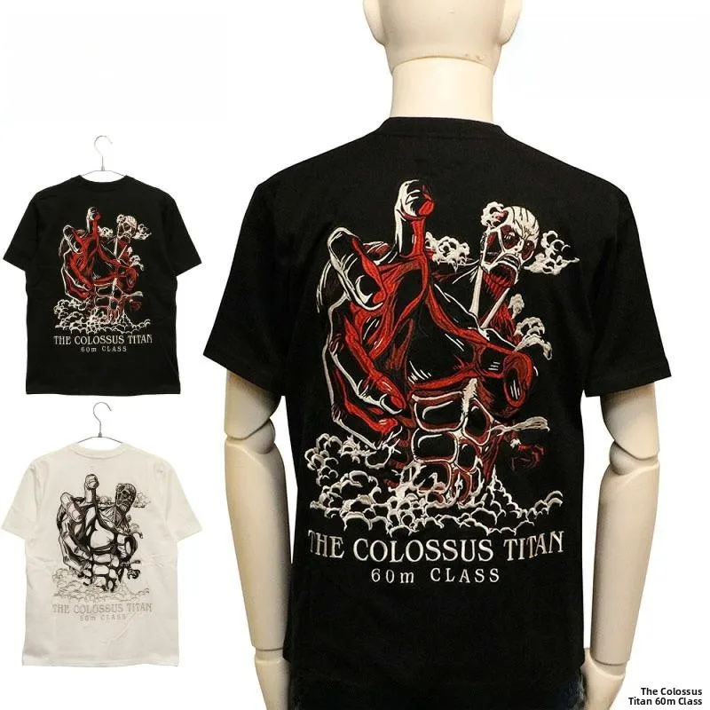 

Pure Cotton Short Sleeve T-Shirt with Embroidered Giant Pocket Design Attack on Titan Anime Casual Tee for Men And Women