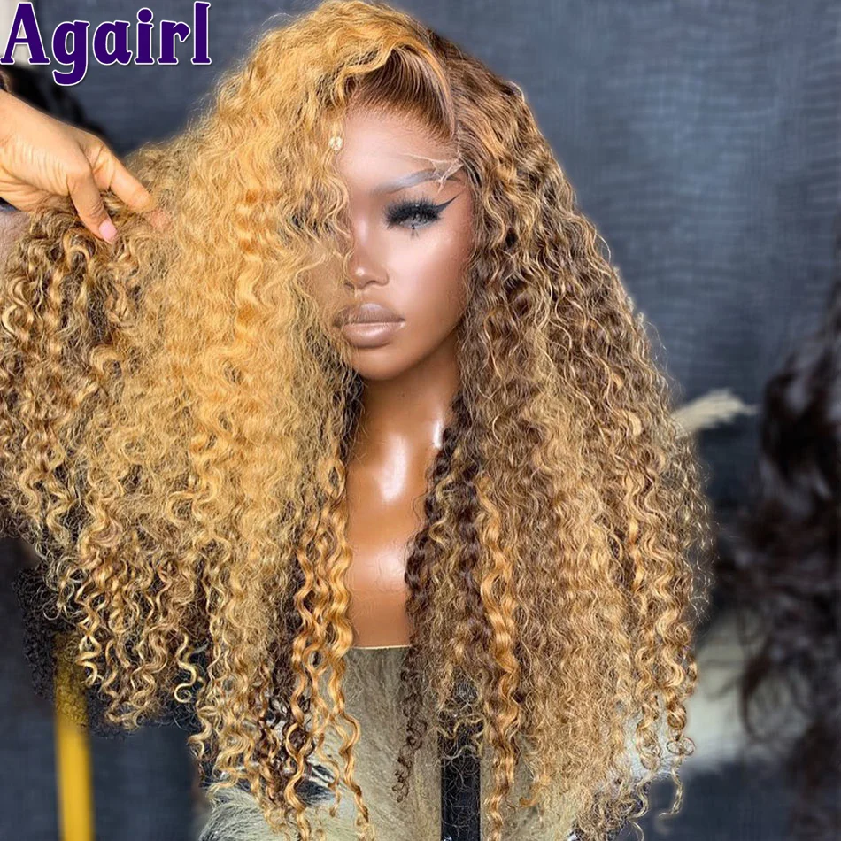 Onda de água Lace Frontal Peruca, Encaracolado Cabelo Humano Perucas, Lace Encerramento Perucas, Mel Loiro Castanho, Ombre Loiro Preto, 6x4, 200% Pronto