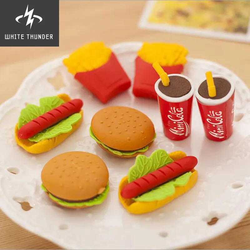 Wholesale! Cute Kawaii Cake Hamburger Food Drink Coke Eraser Set Stationery School Office Erase Supplies Fruit Kids Gift