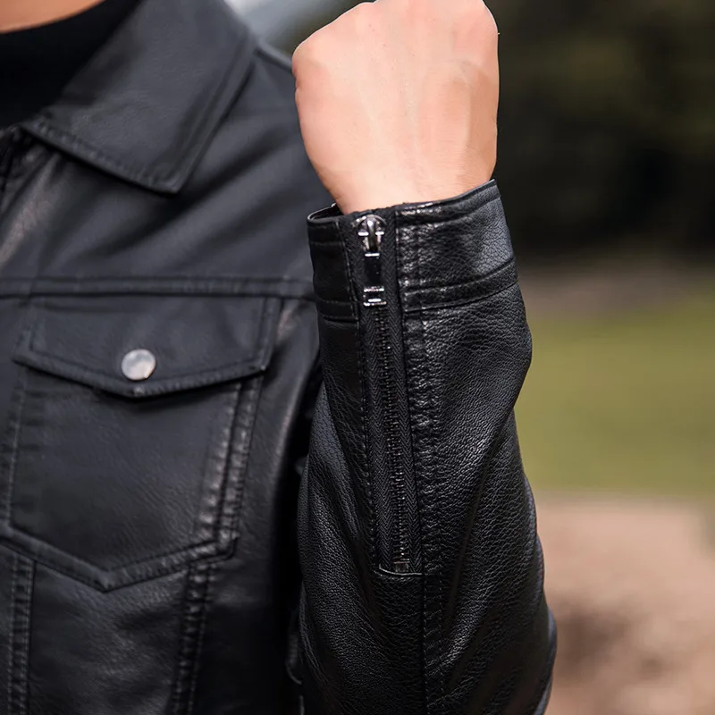 Black Motor Jacket for Men PU Leather Solid Colors Autumn Winter Biker Jackets Lapel Zippers Outwears Imitation Genuine Leather