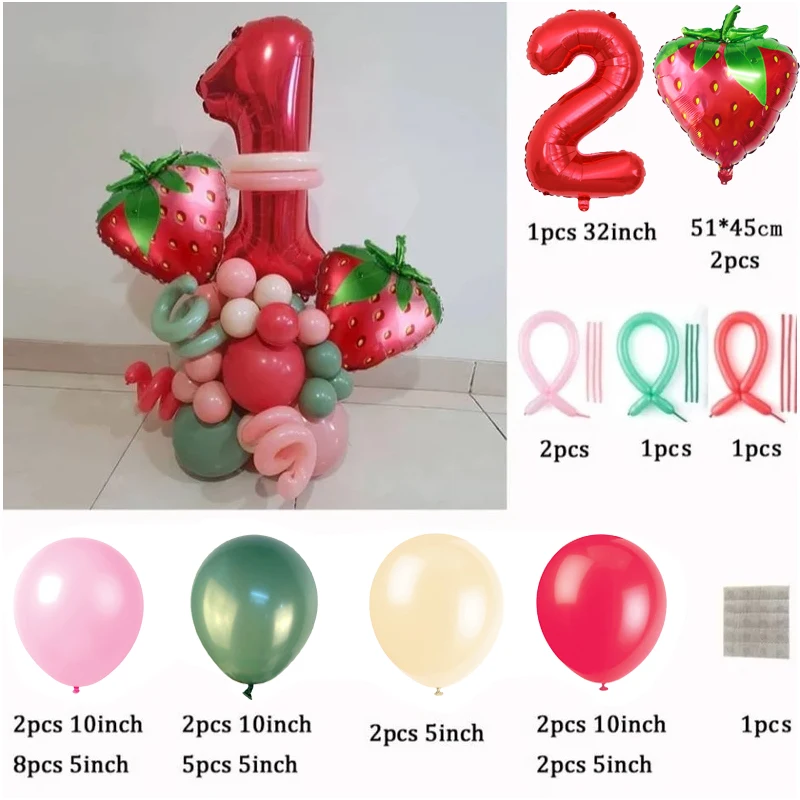 30pcs Strawberry Number Foil Balloon set Strawberry First 1st 2rd Birthday Party Decorations for Girl Sweet Fruit Party Supplies